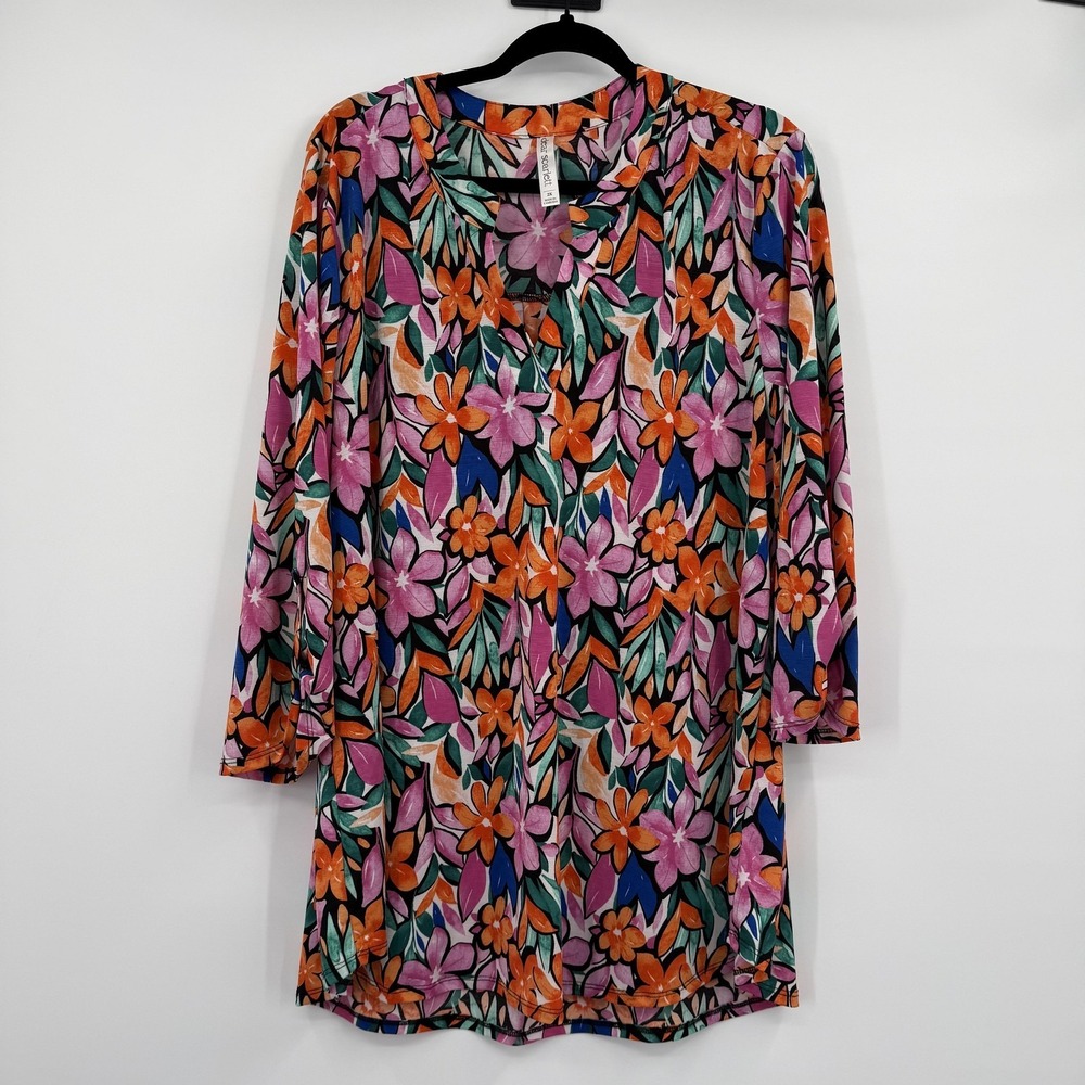 Dear Scarlett Blouse Womens 2X Multicolor Floral Liz Tunic V-Neck Slinky Relaxed